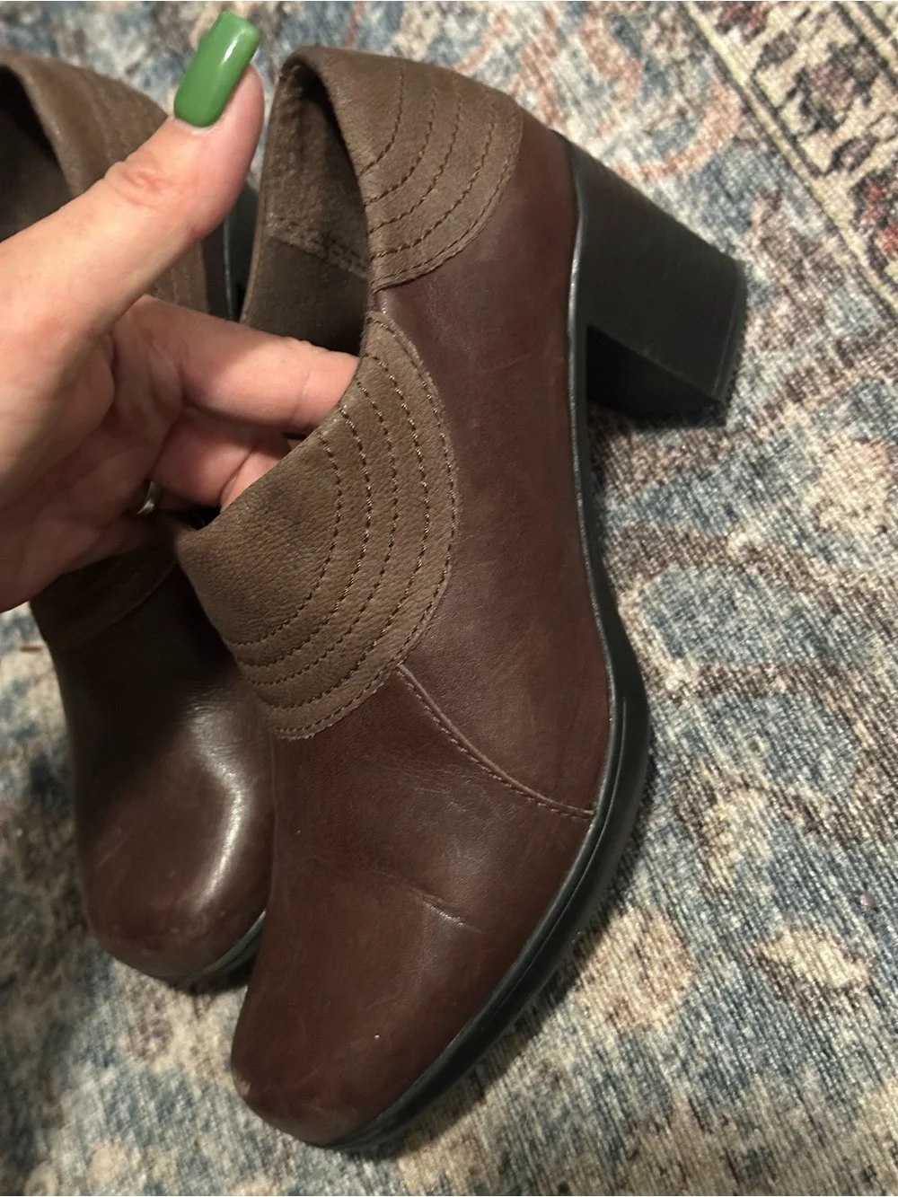 Clarks Brown Leather Ankle Boots Block Heel Side Zip Stitched Detail